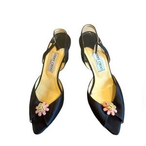 Jimmy Choo Crystal Embellished Open Toe sling Back Satin Shoes BLK EU40 …